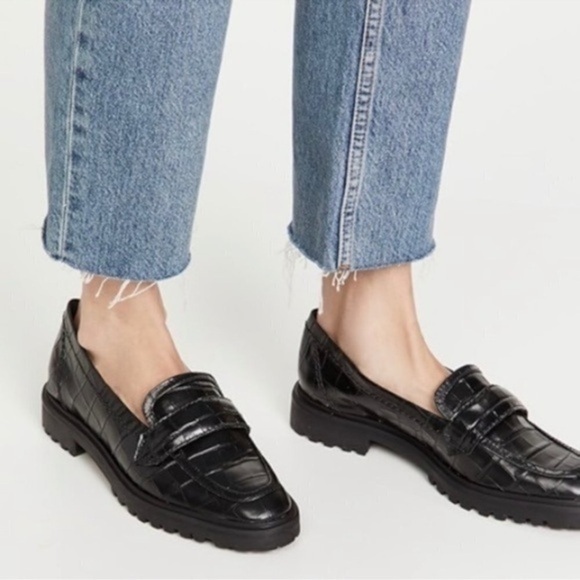 SCHUTZ Shoes - SCHUTZ Black Croc-Embossed Leather Penny Loafers